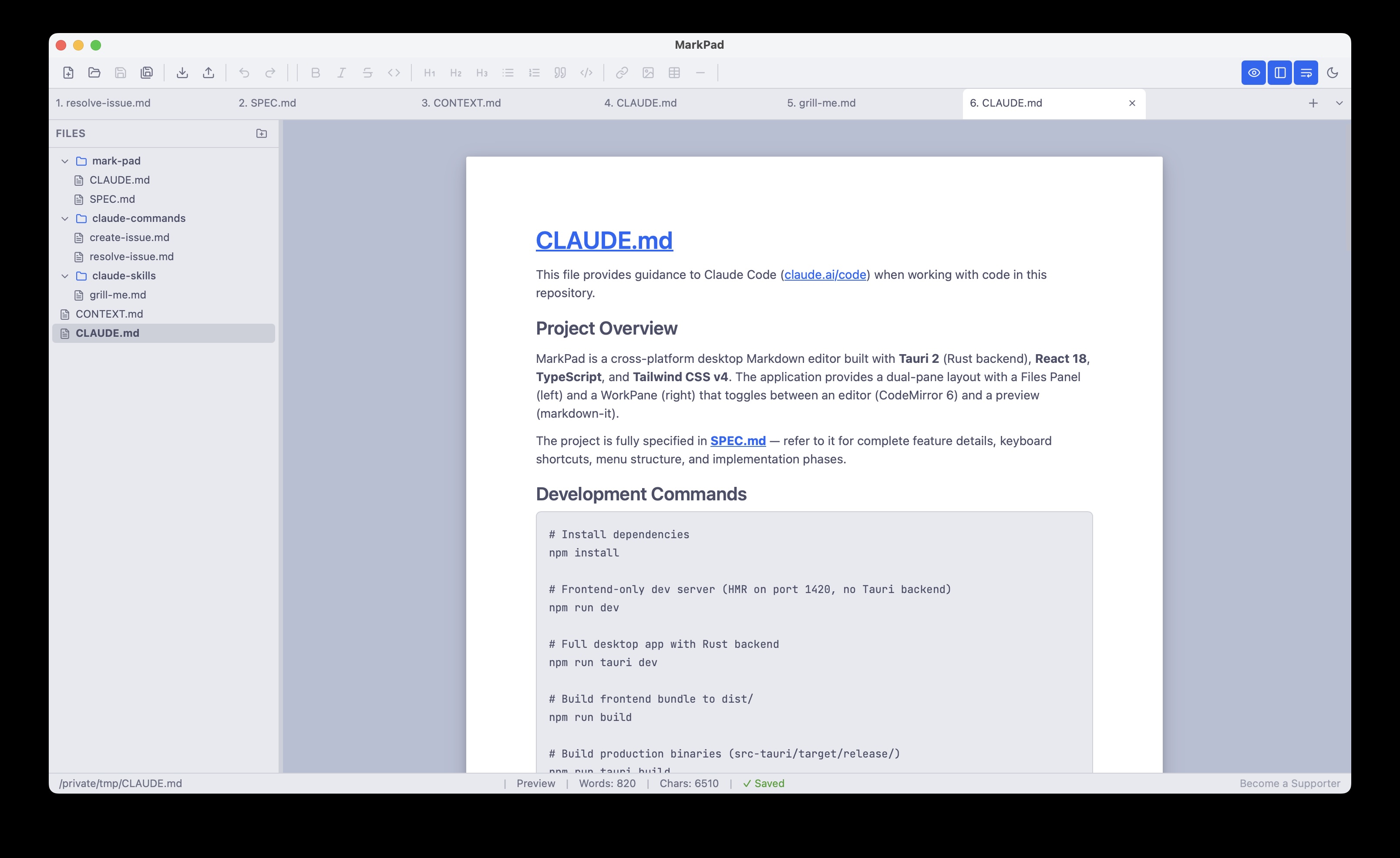 MarkPad showing the Markdown editor with the Files Panel on the left and the editor pane on the right